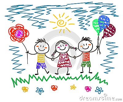 Various kids and balloons on a white background. Children`s drawing. Vector Illustration